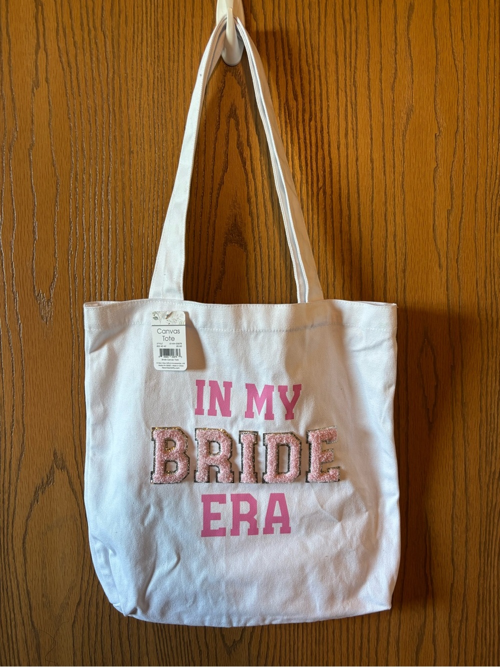 Amazon White Canvas Tote with Pink 'BRIDE' Embellishment